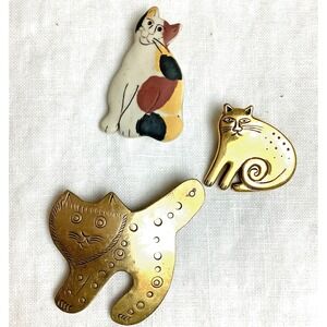 Estate Cat Pin Vintage Laurel Burch Cat Brooch Brass Jewelry (Set of 3 Pins)